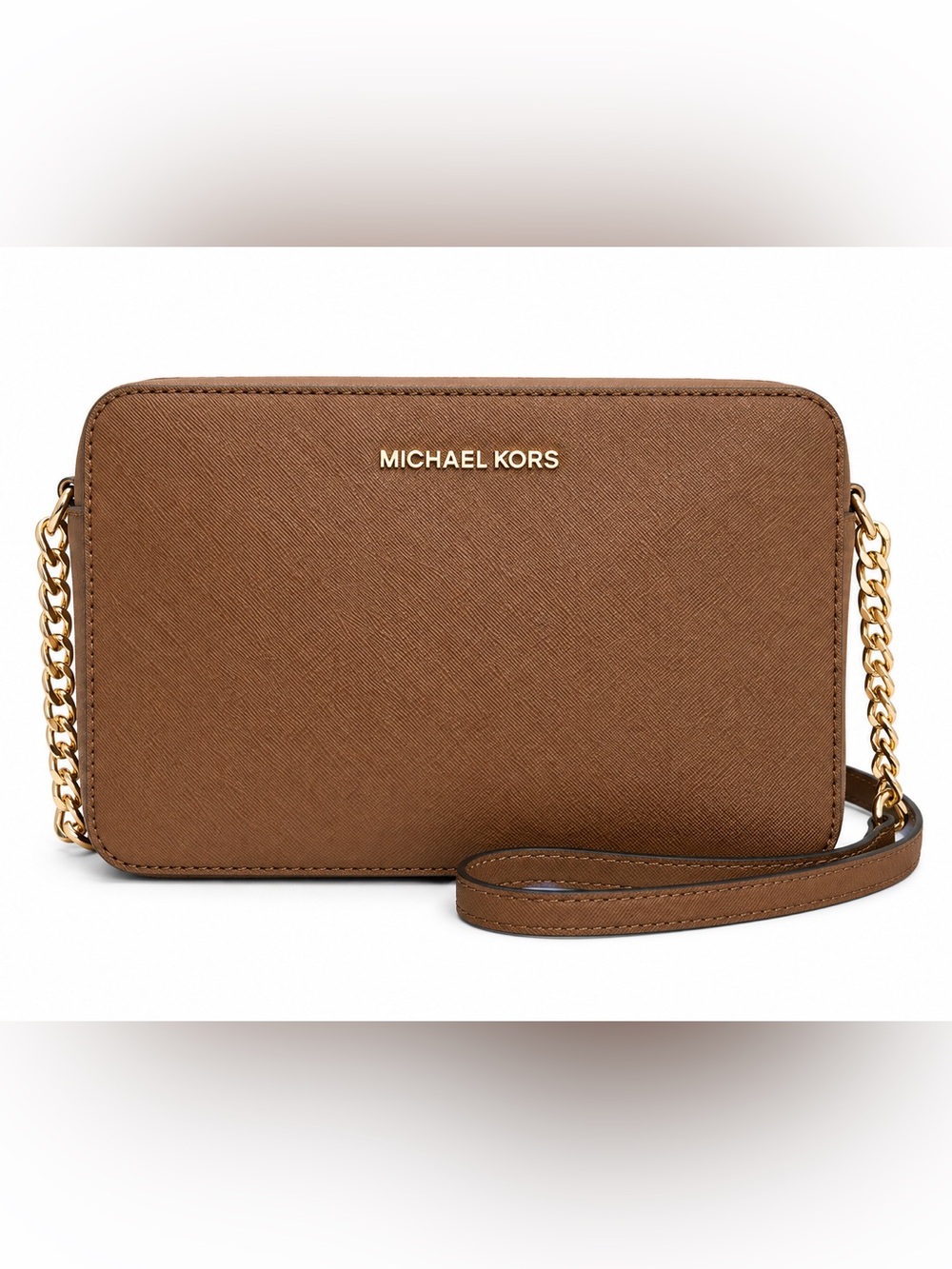 Michael Kors Jet Set Large Saffiano Leather Crossbody Bag Brown Gold Chain